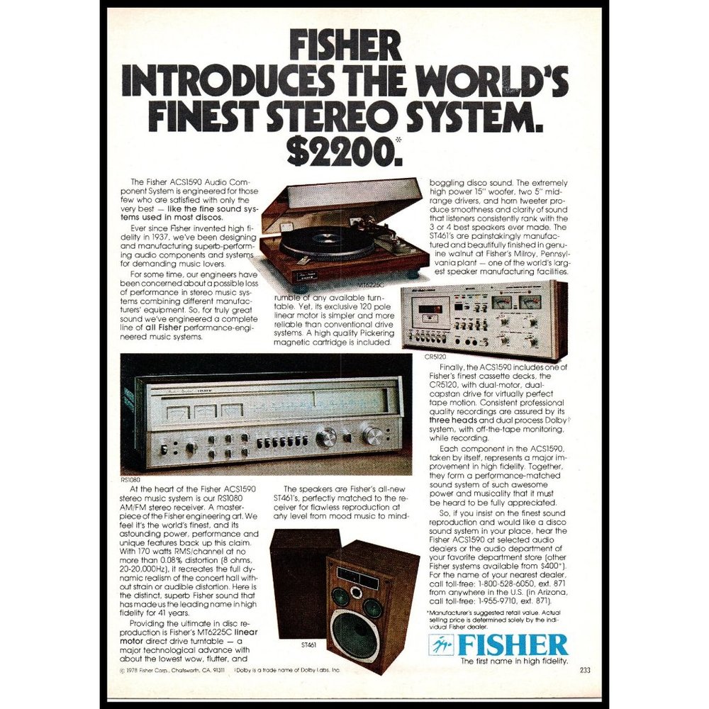 1978 Fisher ACS1590 Component Stereo System Vintage Print Ad Audiophile Wall Art
